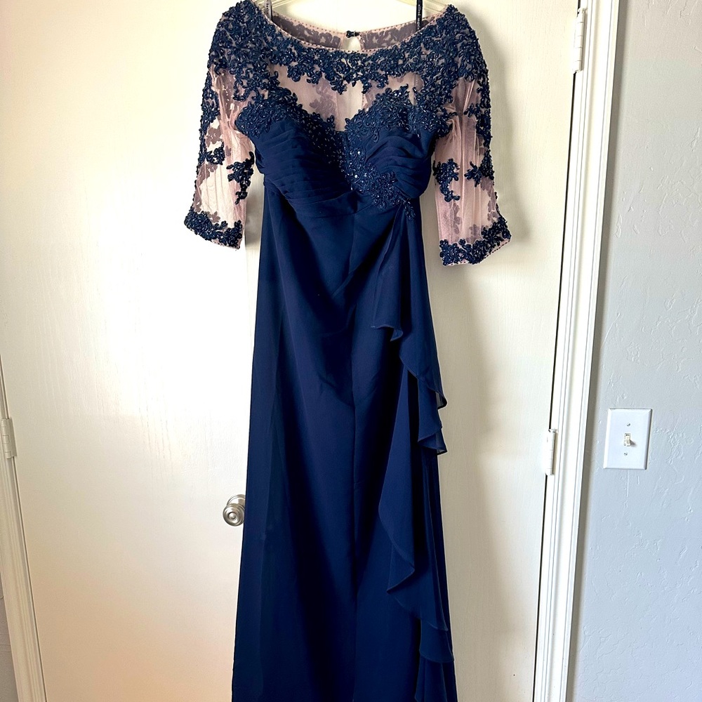 Alfred Angelo Navy Blue & Sequin Matron of Honor Mother of Bride Dress w/ Train
